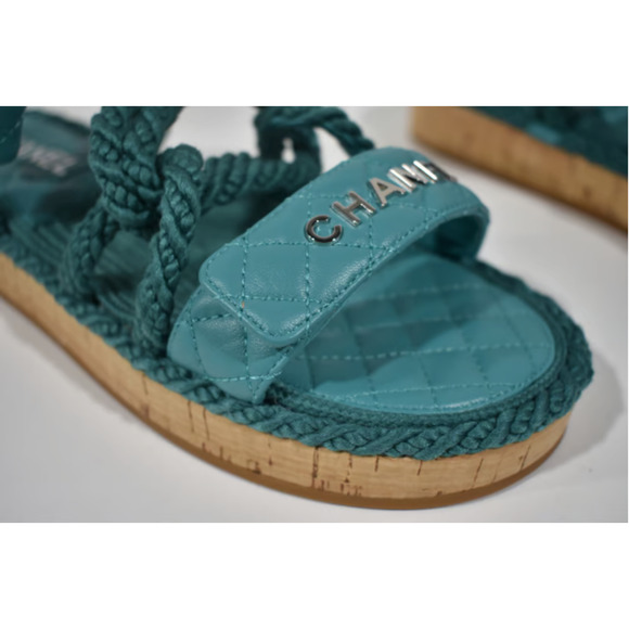 Chanel 21S Dad Green Blue Cord Rope CC Quilted Mule Ankle Strap Sandal Flat 40 - Picture 7 of 12